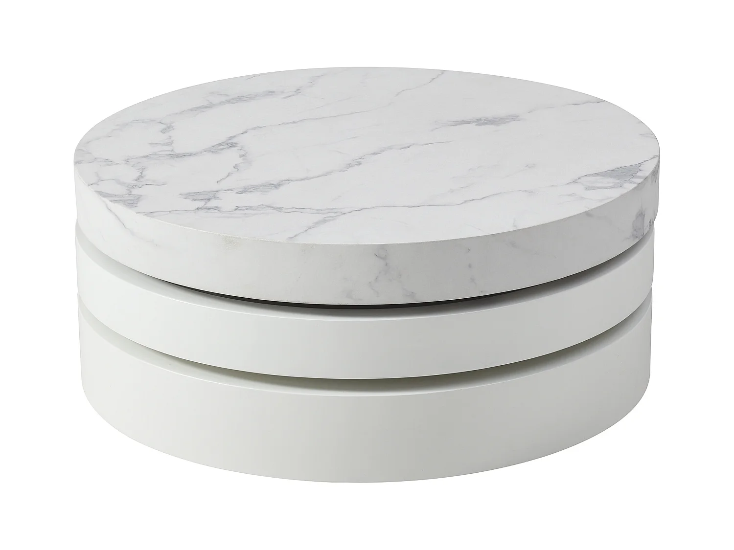 Table basse pivotante ronde avec 1 niche en MDF - Effet marbre blanc et blanc laqué - JANITA