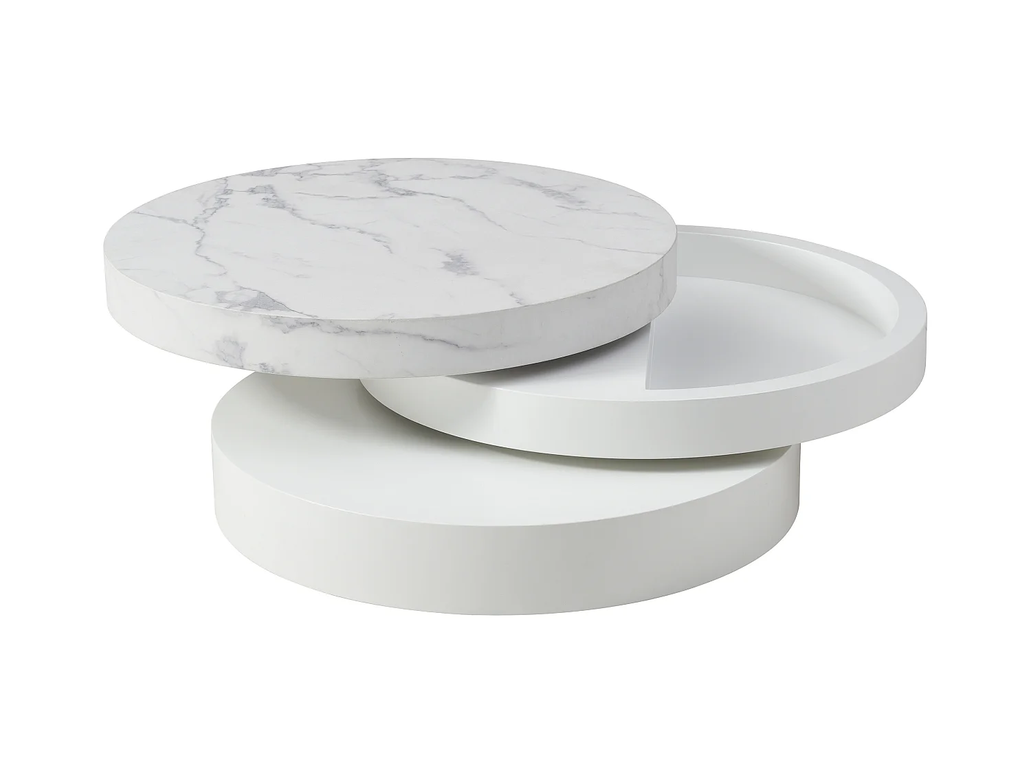 Table basse pivotante ronde avec 1 niche en MDF - Effet marbre blanc et blanc laqué - JANITA