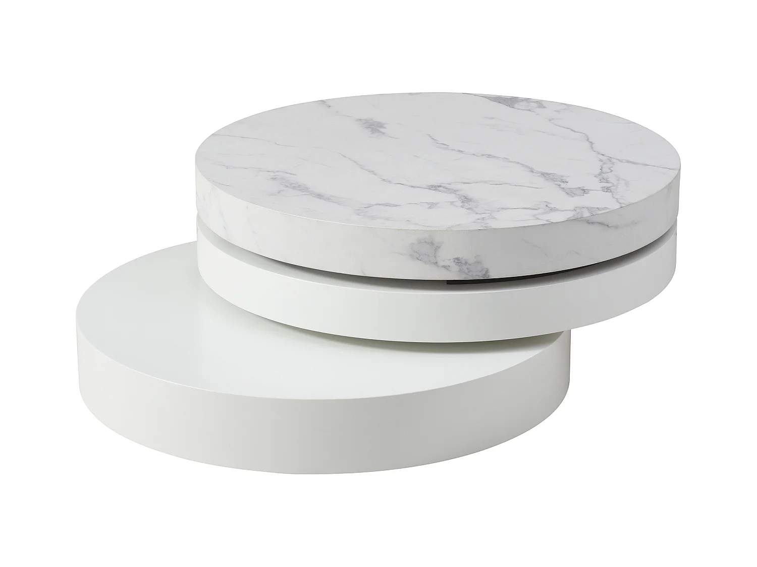 Table basse pivotante ronde avec 1 niche en MDF - Effet marbre blanc et blanc laqué - JANITA