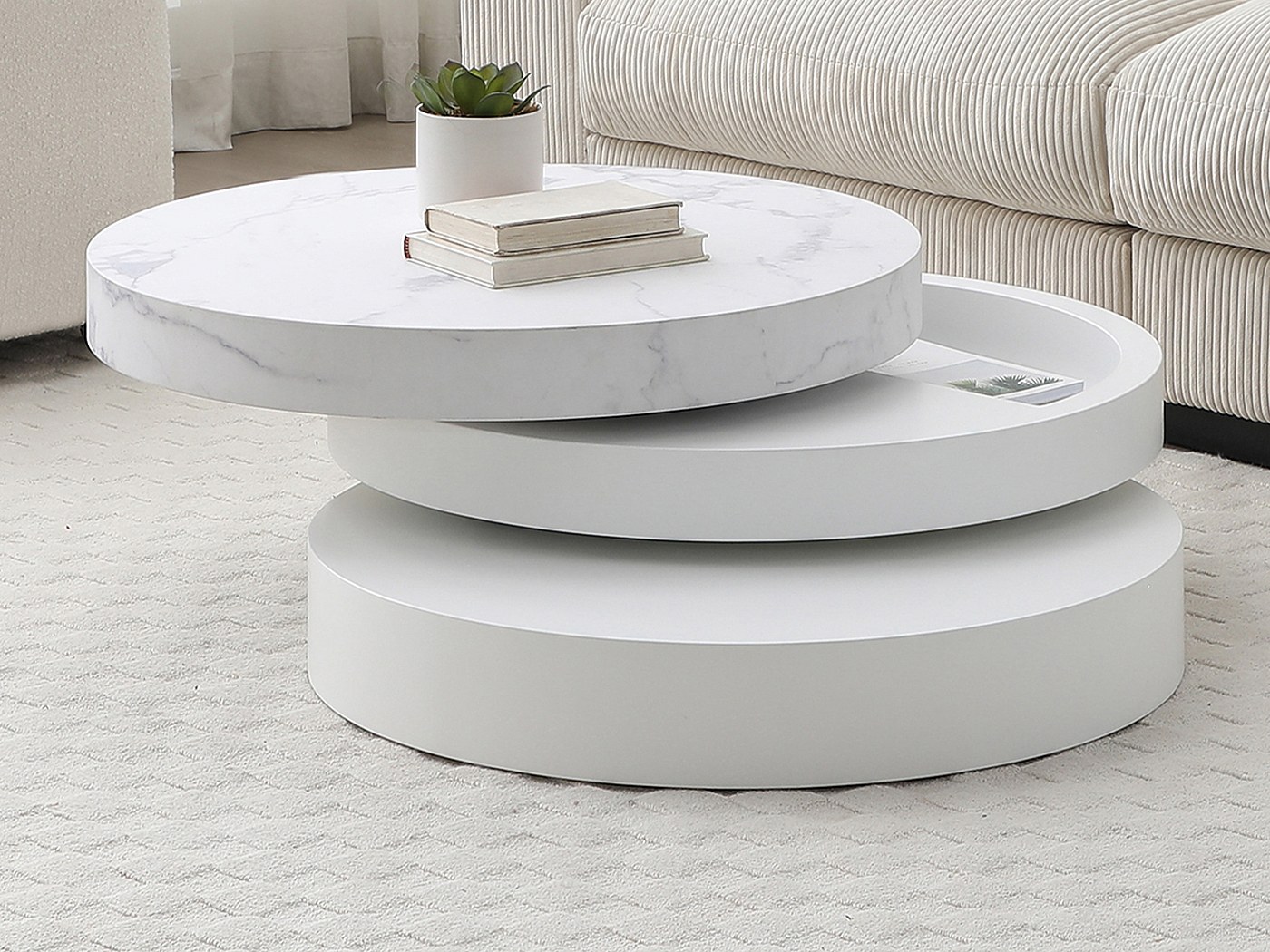 Table basse pivotante ronde avec 1 niche - MDF - Effet marbre blanc ...
