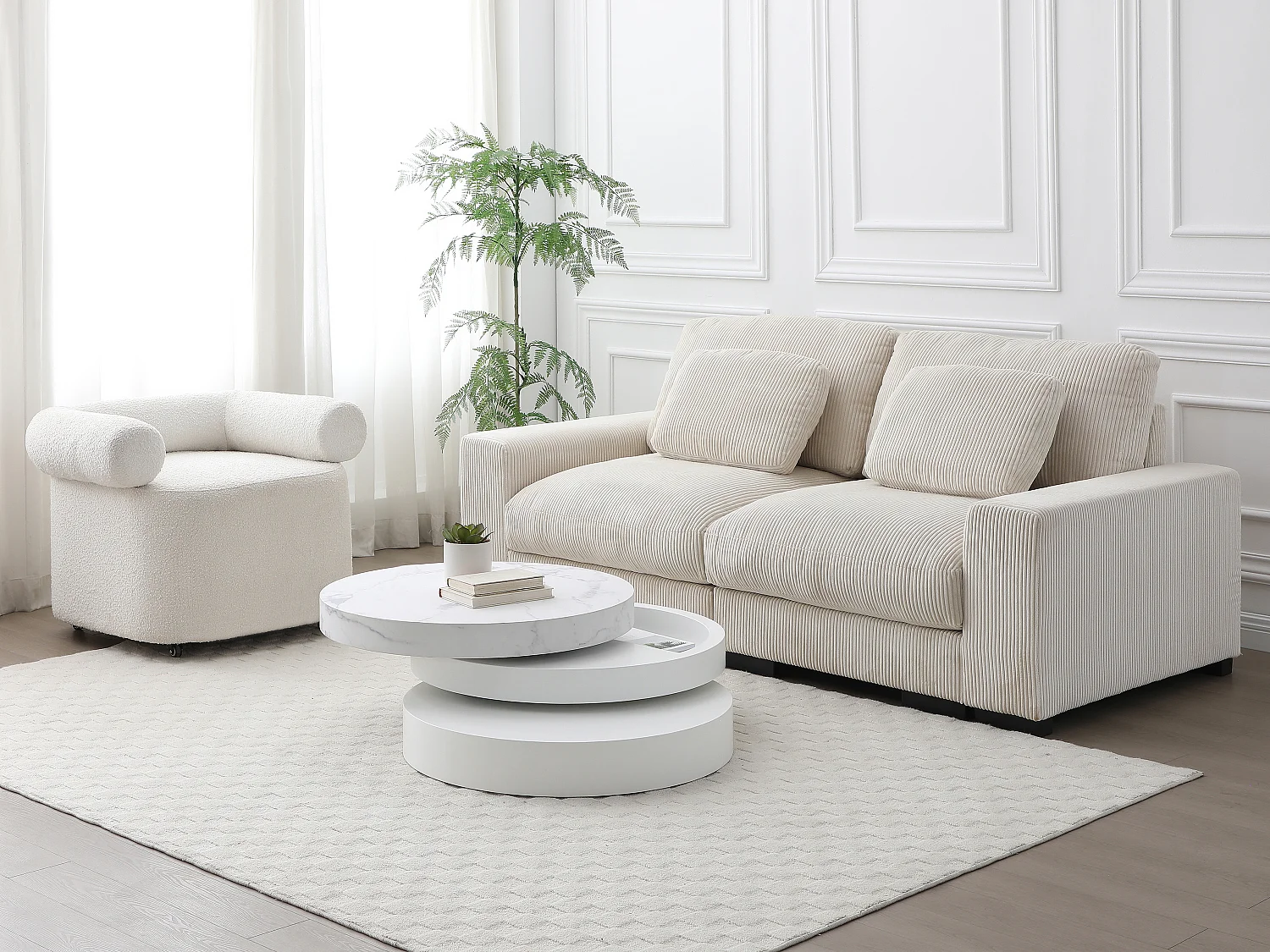 Table basse pivotante ronde avec 1 niche en MDF - Effet marbre blanc et blanc laqué - JANITA