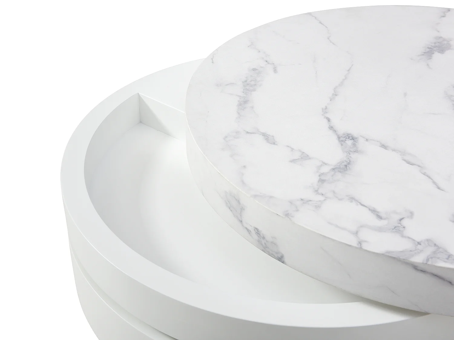 Table basse pivotante ronde avec 1 niche en MDF - Effet marbre blanc et blanc laqué - JANITA