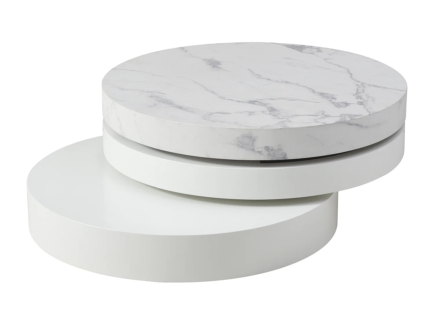 Table basse pivotante ronde avec 1 niche en MDF - Effet marbre blanc et blanc laqué - JANITA