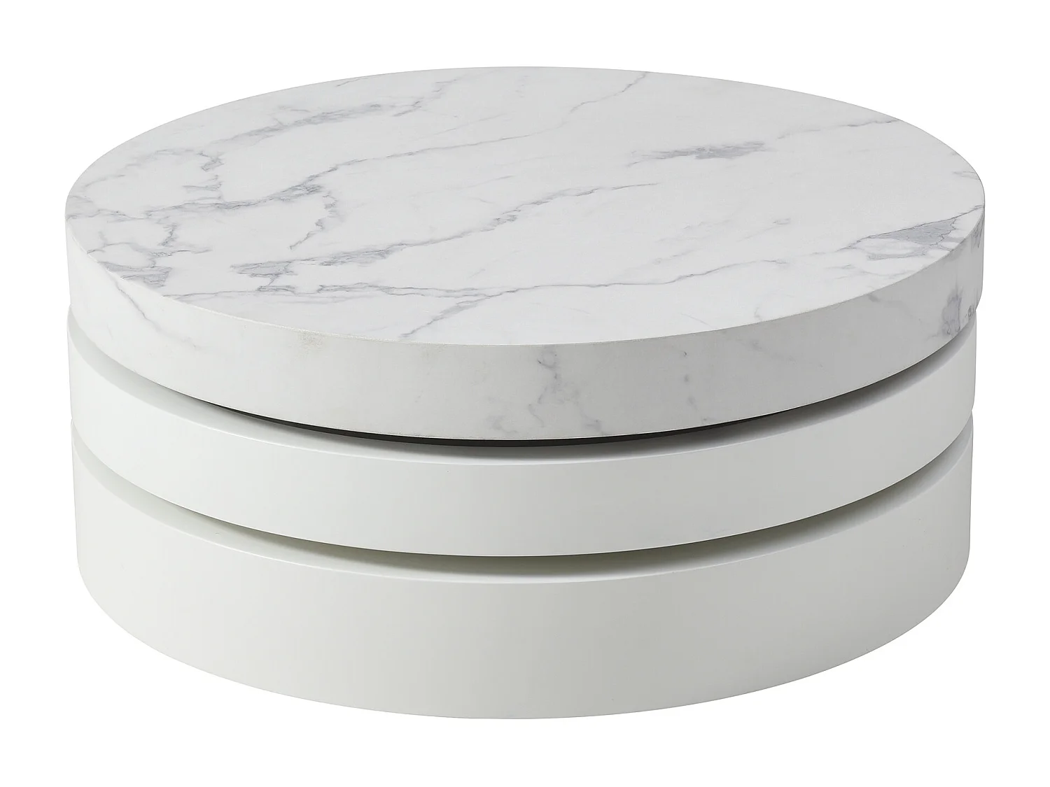 Table basse pivotante ronde avec 1 niche en MDF - Effet marbre blanc et blanc laqué - JANITA