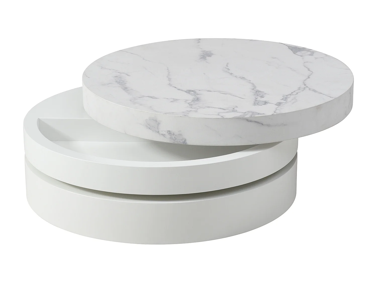 Table basse pivotante ronde avec 1 niche en MDF - Effet marbre blanc et blanc laqué - JANITA