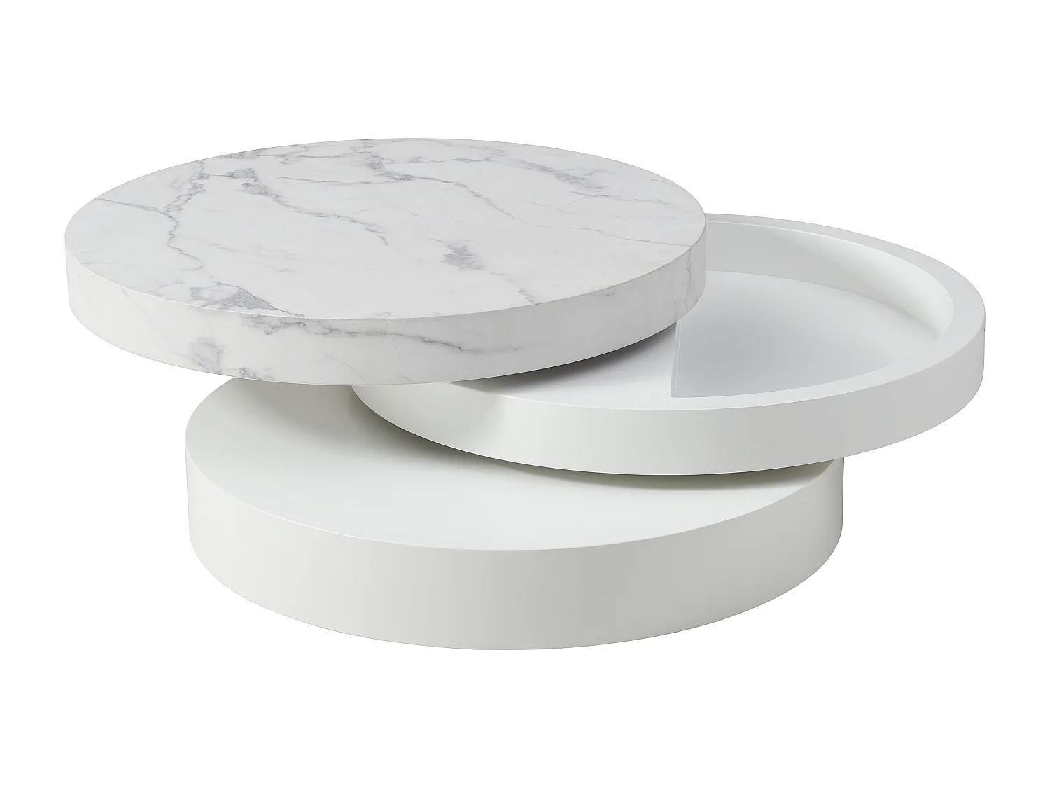 Table basse pivotante ronde avec 1 niche en MDF - Effet marbre blanc et blanc laqué - JANITA