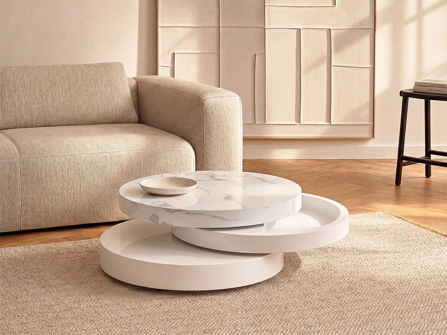 Mesa de centro giratória redonda com 1 nicho em MDF efeito mármore branco e lacado a branco - JANITA