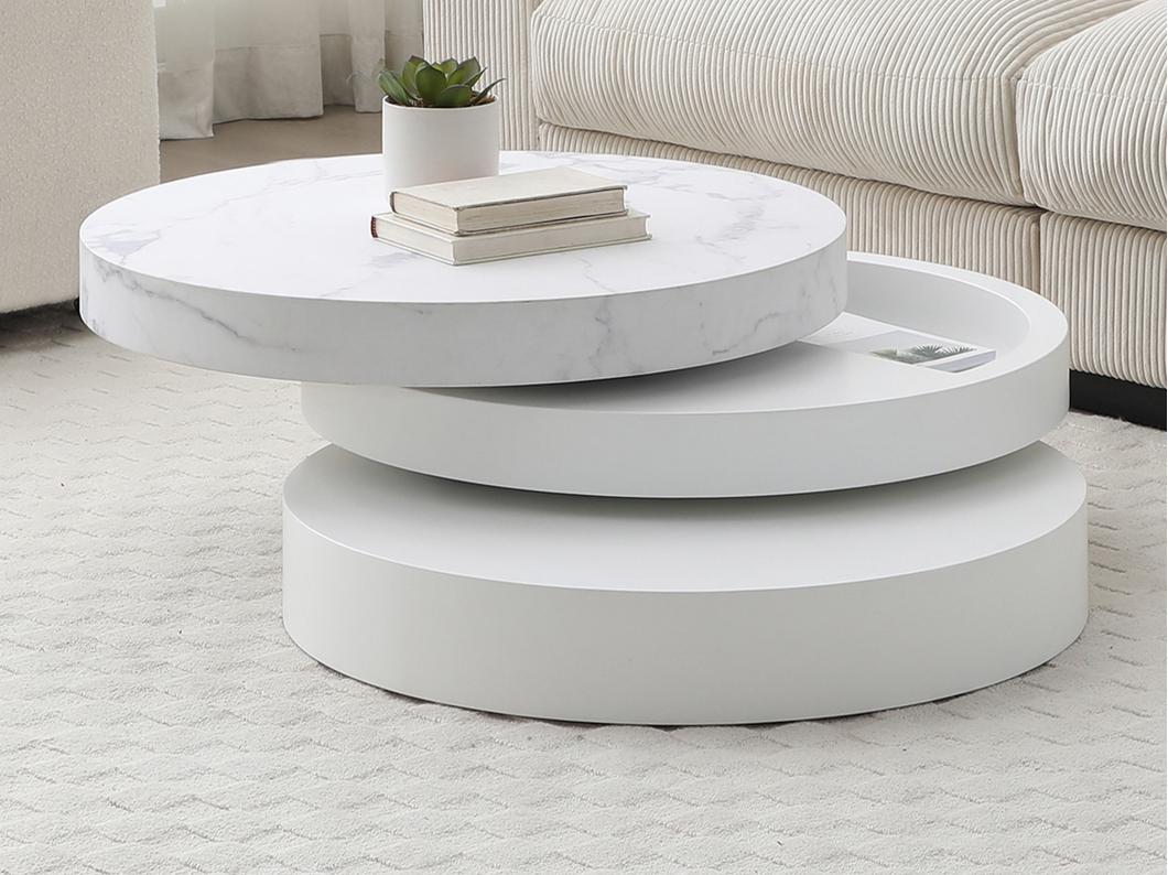 Table basse pivotante ronde avec 1 niche en MDF - Effet marbre blanc et blanc laqué - JANITA