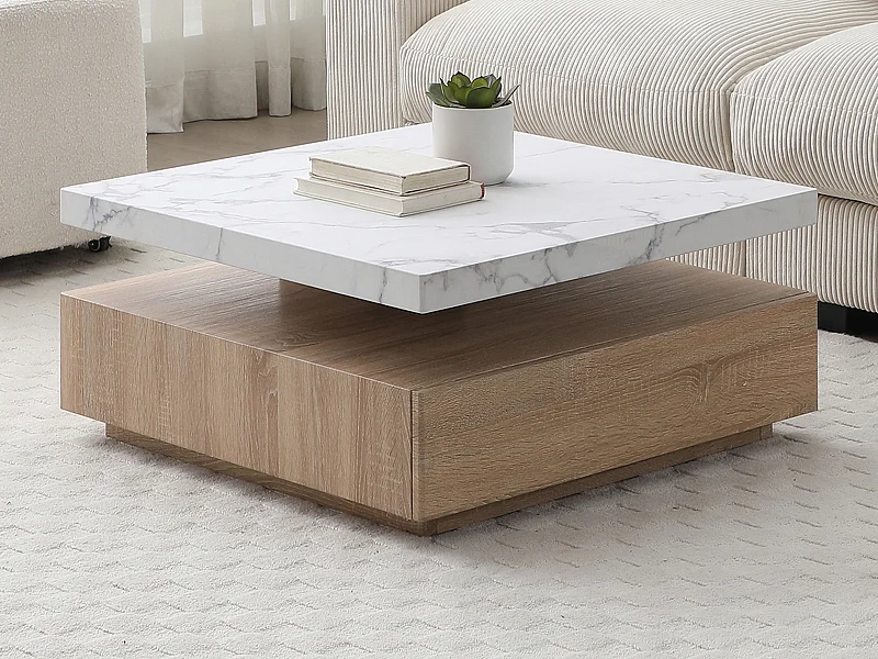 Draaiende salontafel met 1 lade in MDF - Zwarte marmerlook en houtlook - KYRIA