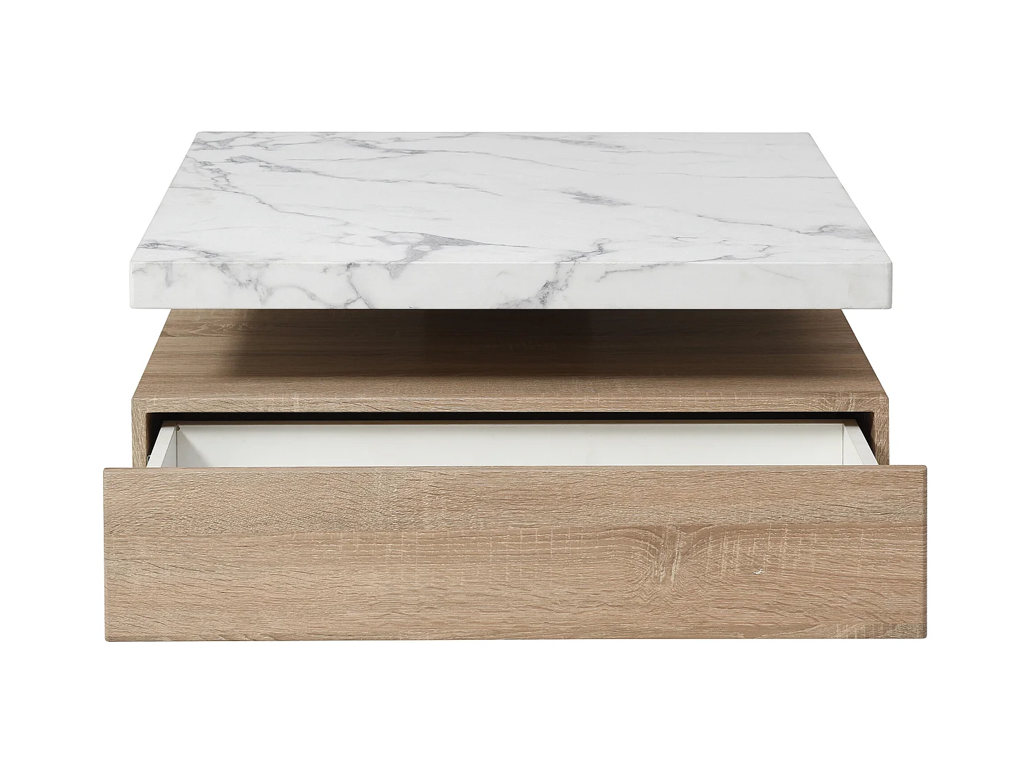 Mesa de centro giratoria con 1 cajón de MDF - Efecto mármol blanco y Natural - KYRIA
