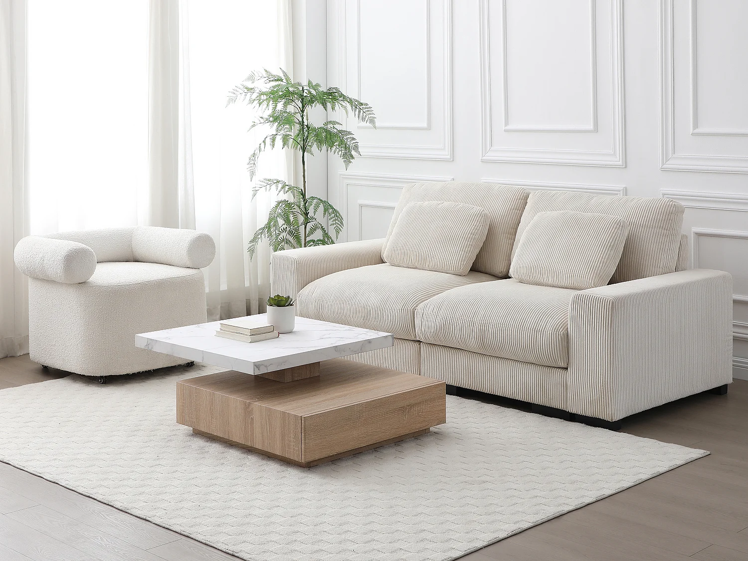 Mesa de centro giratoria con 1 cajón de MDF - Efecto mármol blanco y Natural - KYRIA