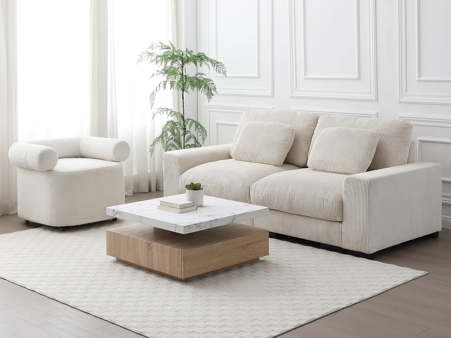 Mesa de centro giratoria con 1 cajón de MDF - Efecto mármol blanco y Natural - KYRIA