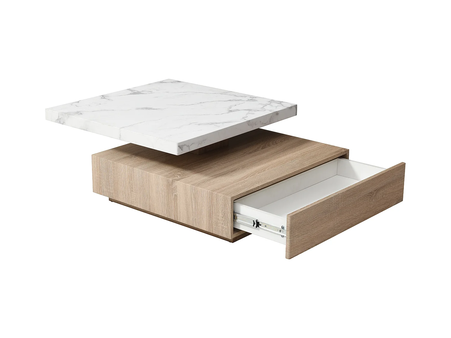 Drejebord sofabord med 1 skuffe i MDF - Hvid marmor effekt og naturlig - KYRIA