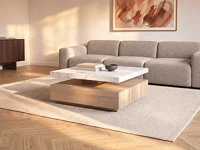 Table basse pivotante avec 1 tiroir en MDF - Effet marbre blanc et Naturel - KYRIA