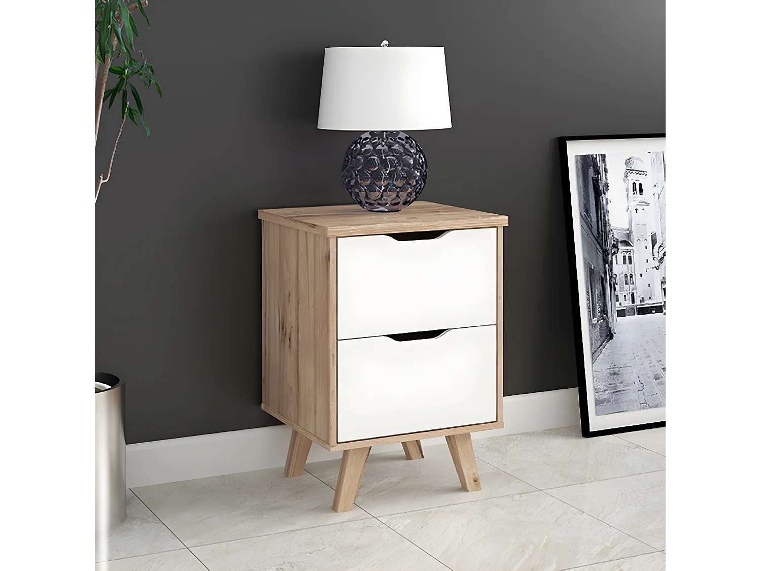 Mesa de cabeceira com 2 gavetas - castanho e branco - LASTA