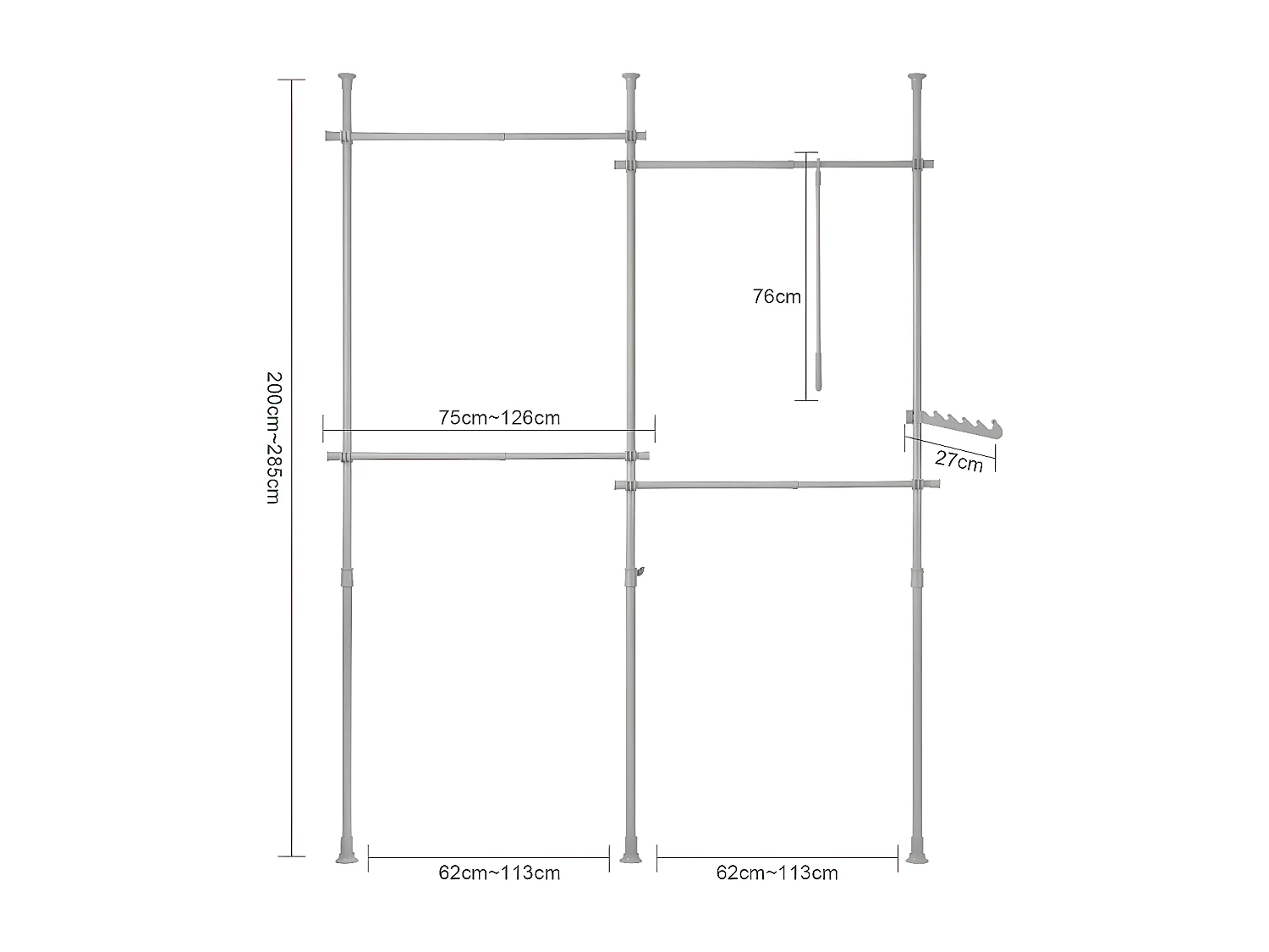 Perchero de Ropa Telescópico Altura Ajustable Sistema de Perchero Extensible con 4 Barras 124-226 x 200-285 cm KLS03-HG SoBuy ES