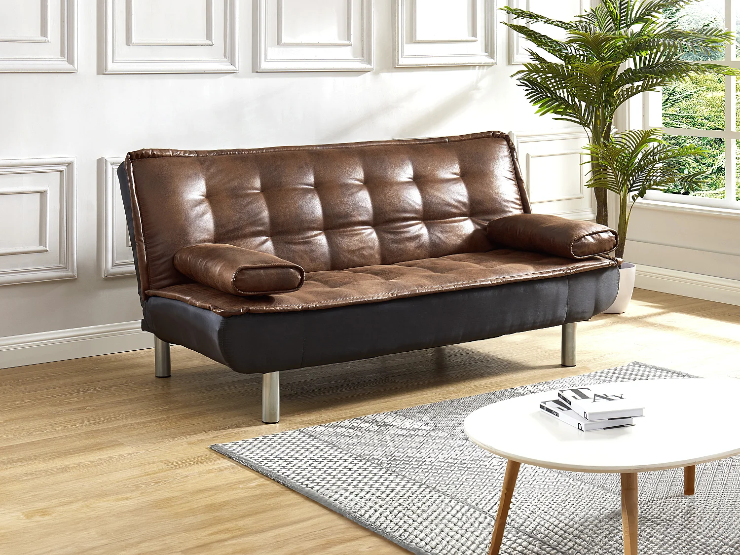 Canapé 3 places convertible clic-clac en microfibre vieilli marron MISHAN II