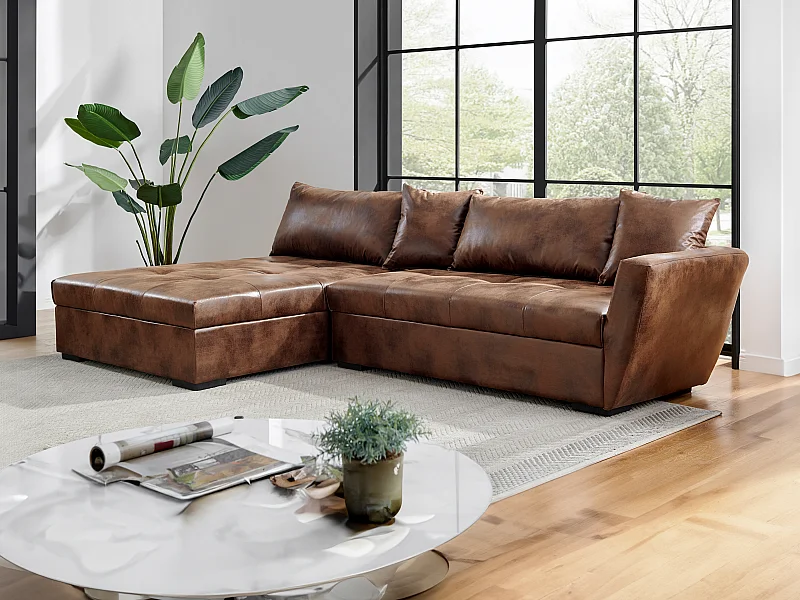 Canapé d'angle gauche convertible en microfibre vieillie marron ROMANE II