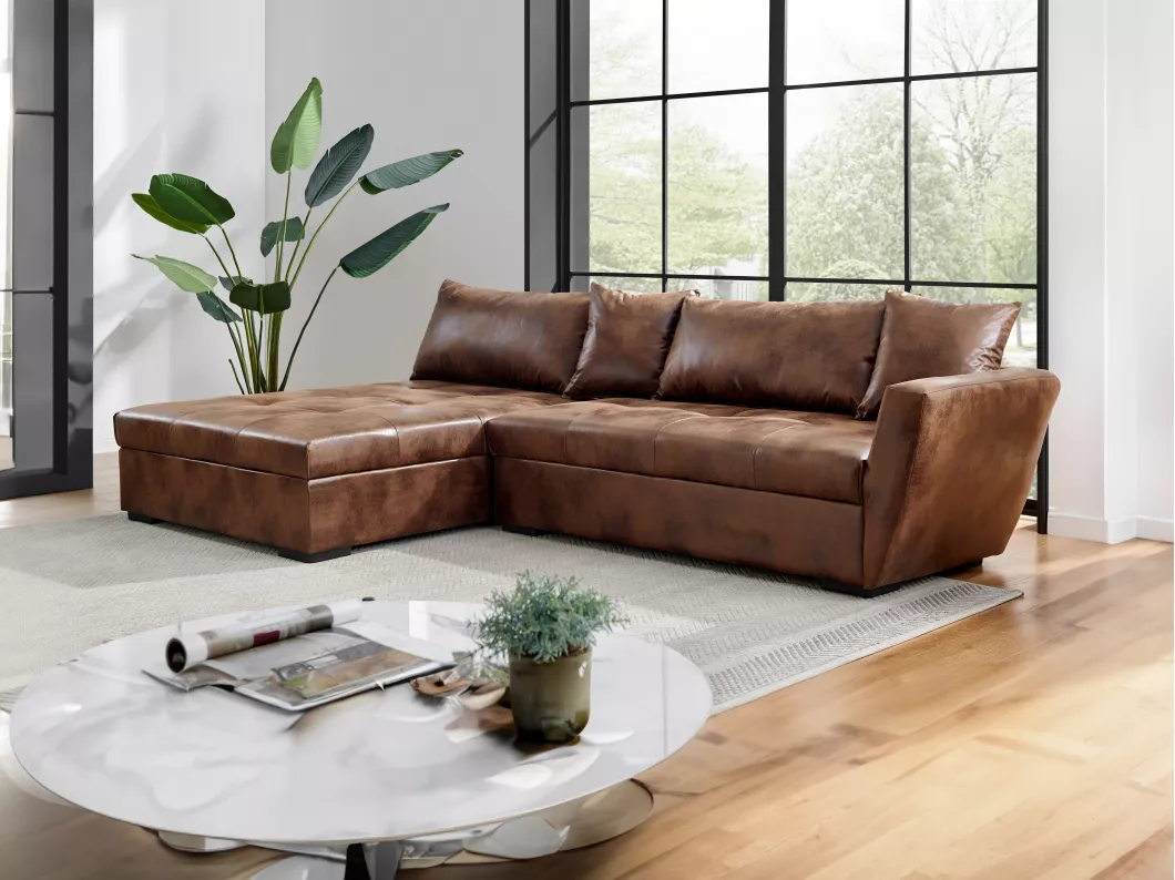 Kauf Unique Ecksofa mit Schlaffunktion - Mikrofaser - Braun mit Vintage-Look - Ecke Links - ROMANE II