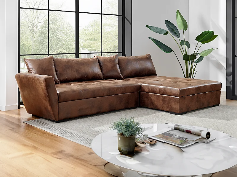 Canapé d'angle droit convertible en microfibre vieillie marron ROMANE II