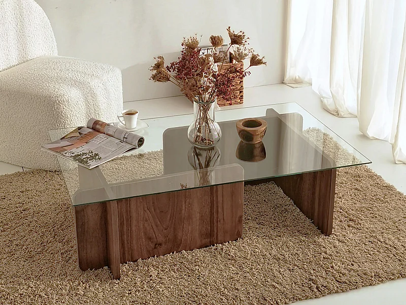 Table basse en verre trempé - Naturel foncé et Transparent - AZRA