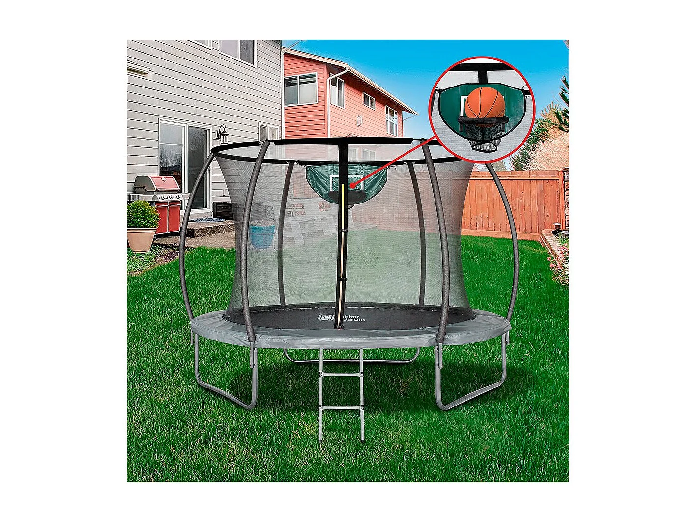 Cama elástica con red interior y canasta de baloncesto "jumper" Ø3,70 m - Gris