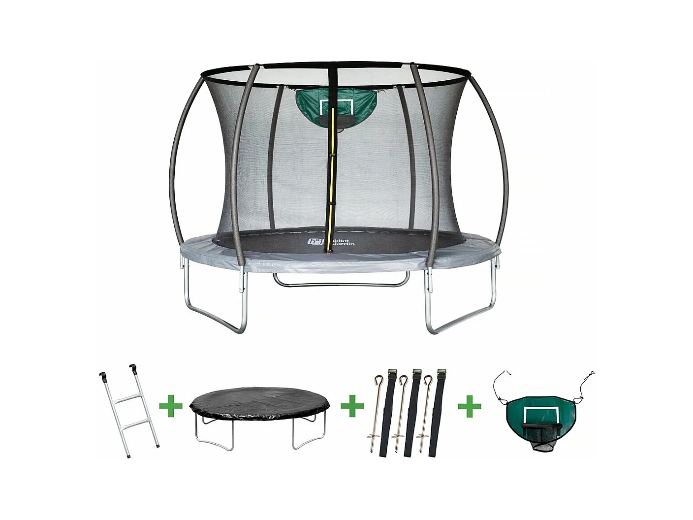 Trampolim com rede interior "Jumper" Ø3,05 e cesto de basquete - Cinza