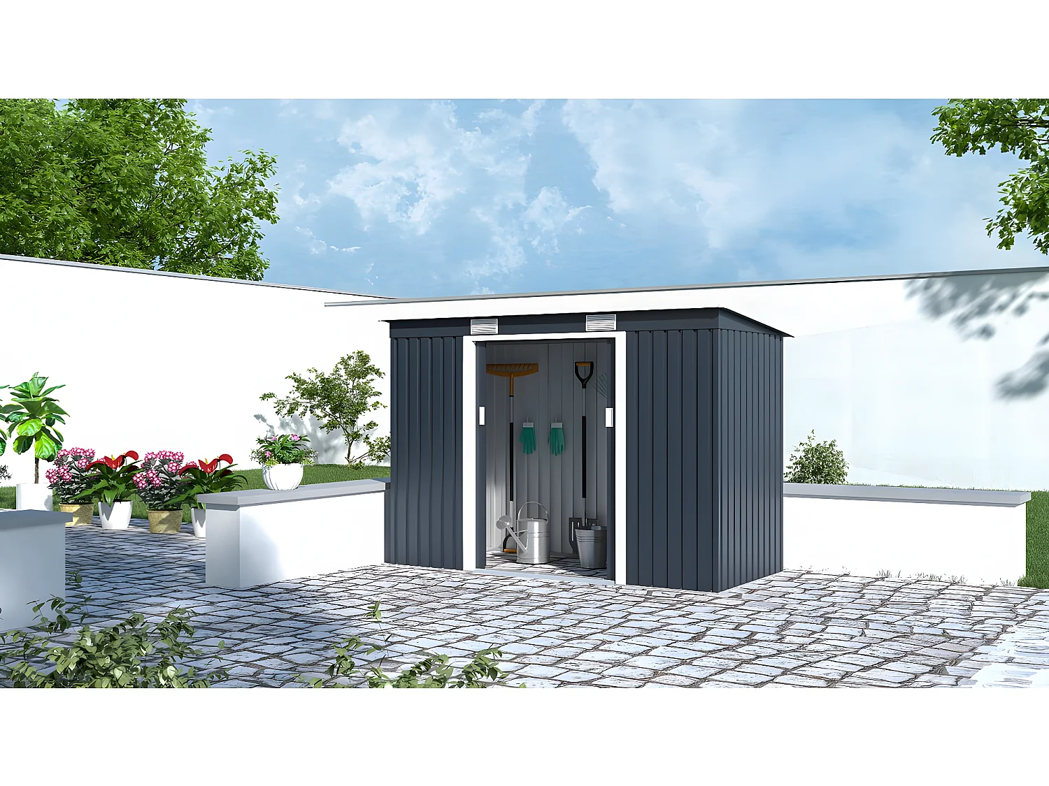 Metalen tuinhuisje met enkel dak "Austin" Grijs - 3,14 m2 met dubbele schuifdeur en optimale ventilatie