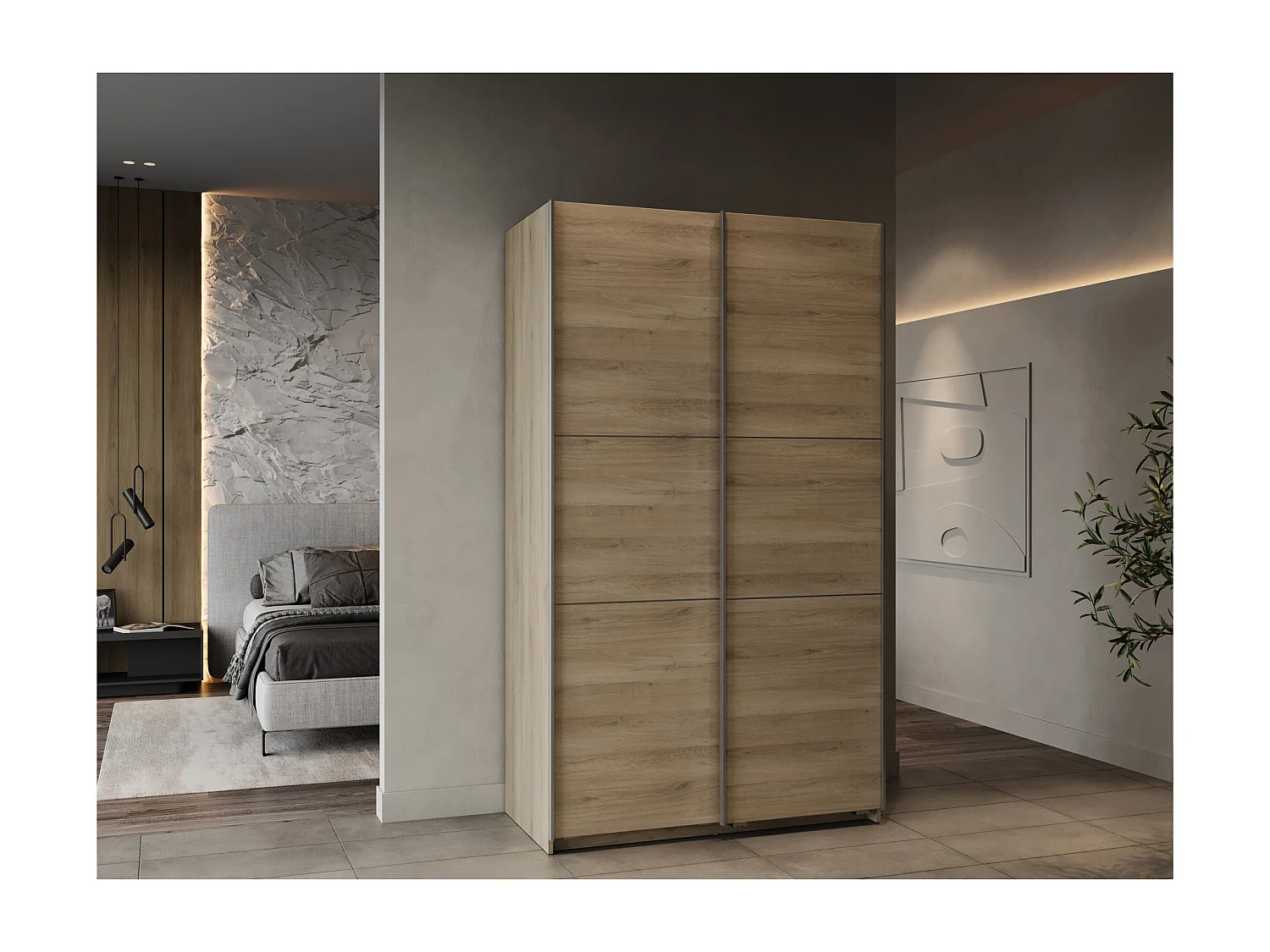 Kleiderschrank - Schiebetür - 2 Schienen – 2 Regale - Sonoma braun - GHOST 120