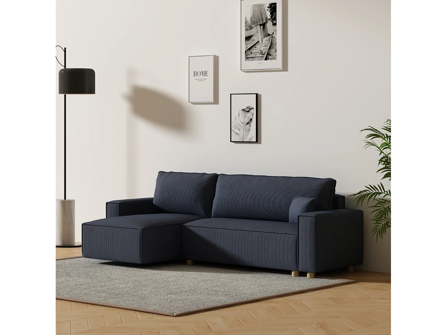 Canapé convertible d'angle en velours côtelé bleu COSY