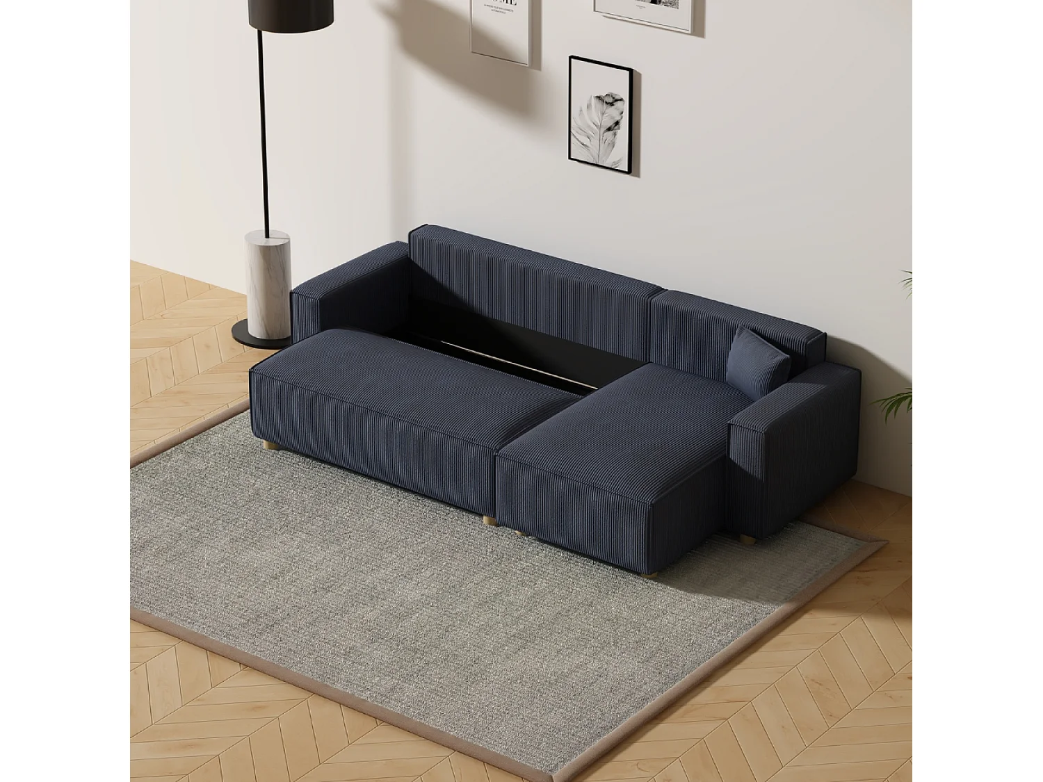 Canapé convertible d'angle en velours côtelé bleu COSY