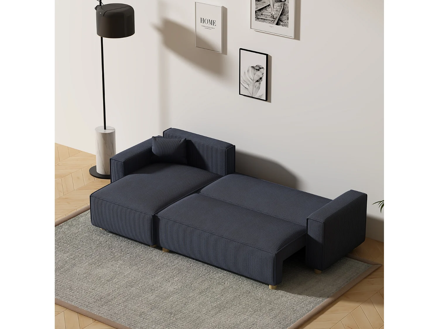 Canapé convertible d'angle en velours côtelé bleu COSY
