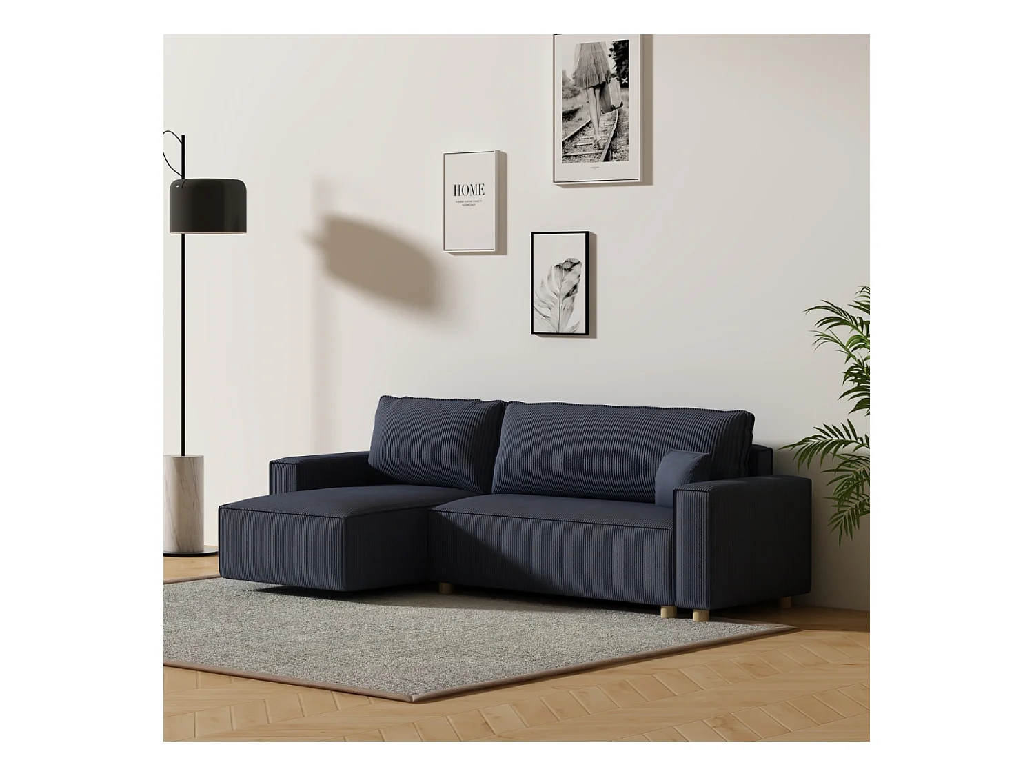 Ecksofa mit Schlaffunktion, 4-Sitzer, Rippvelours, Blau COSY