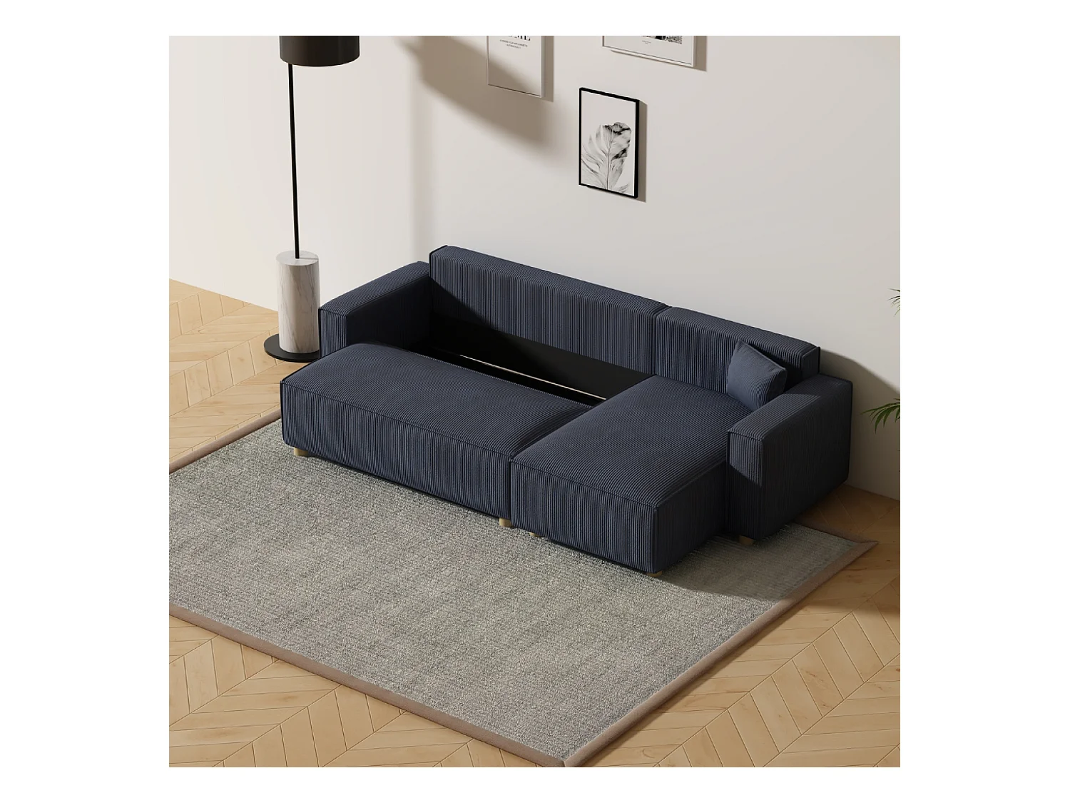 Ecksofa mit Schlaffunktion, 4-Sitzer, Rippvelours, Blau COSY