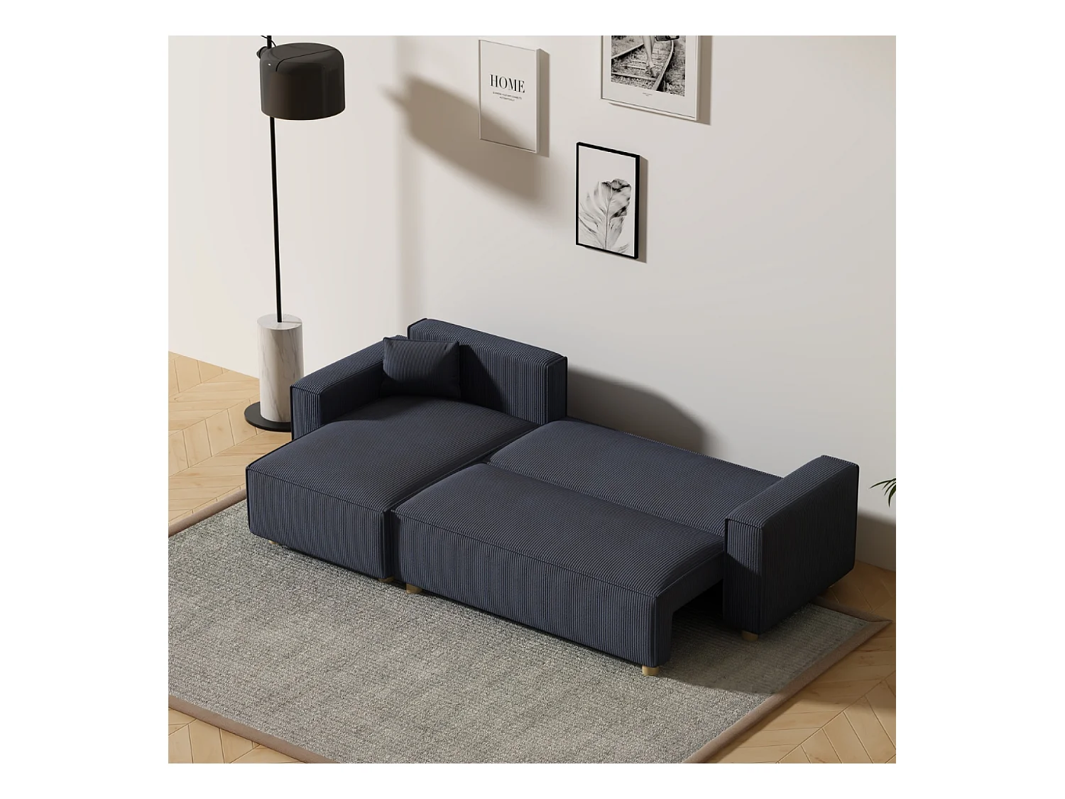 Ecksofa mit Schlaffunktion, 4-Sitzer, Rippvelours, Blau COSY