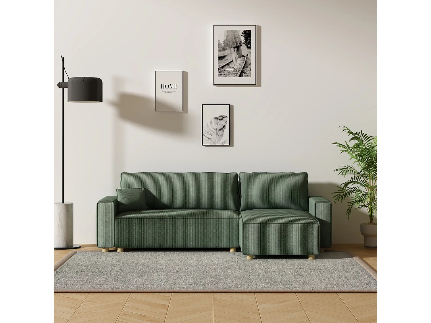 Sofá-Cama de Canto em Veludo Cotelê Verde COSY - Estilo Elegante e Confortável