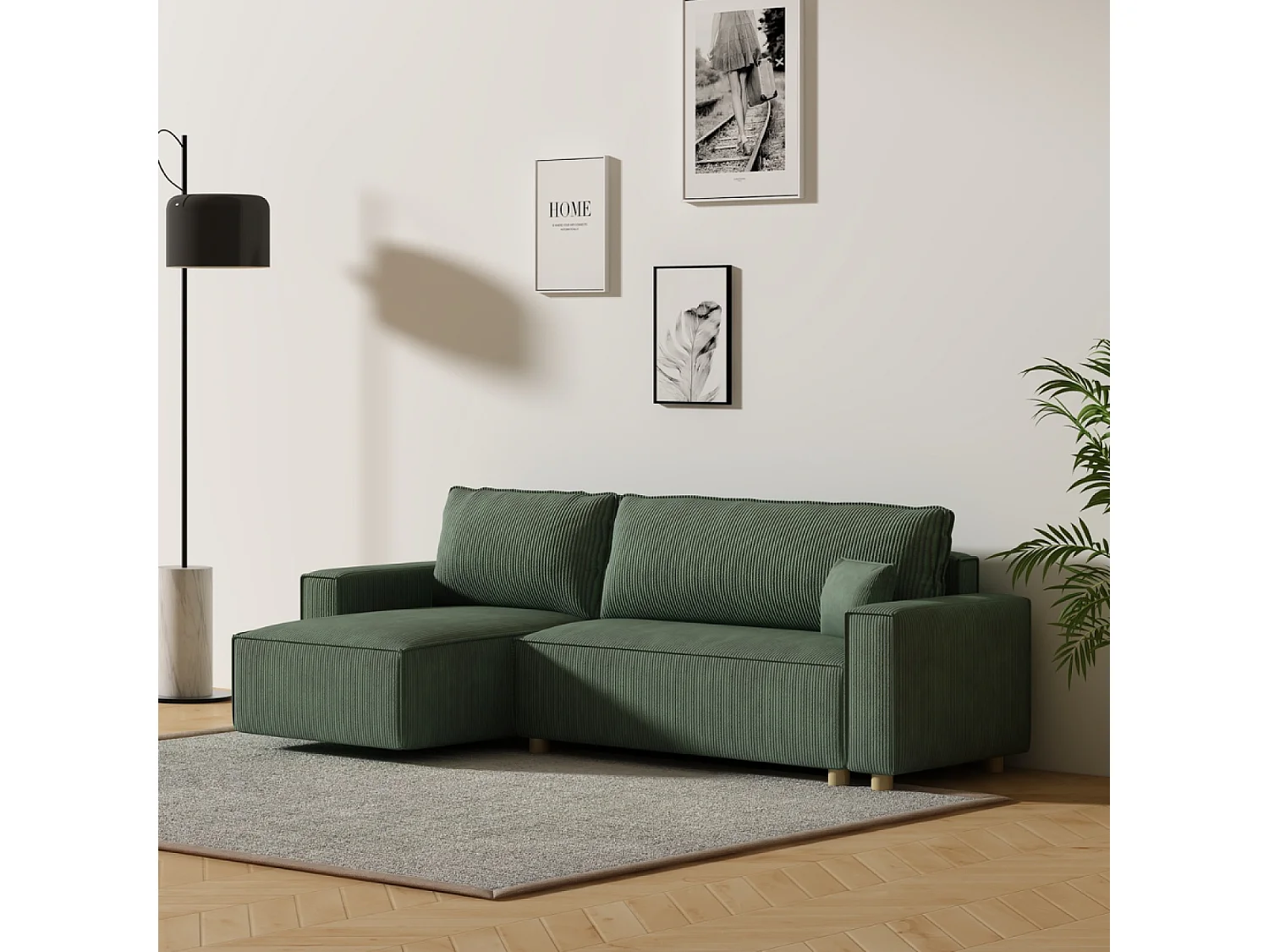 Sofá-Cama de Canto em Veludo Cotelê Verde COSY - Estilo Elegante e Confortável