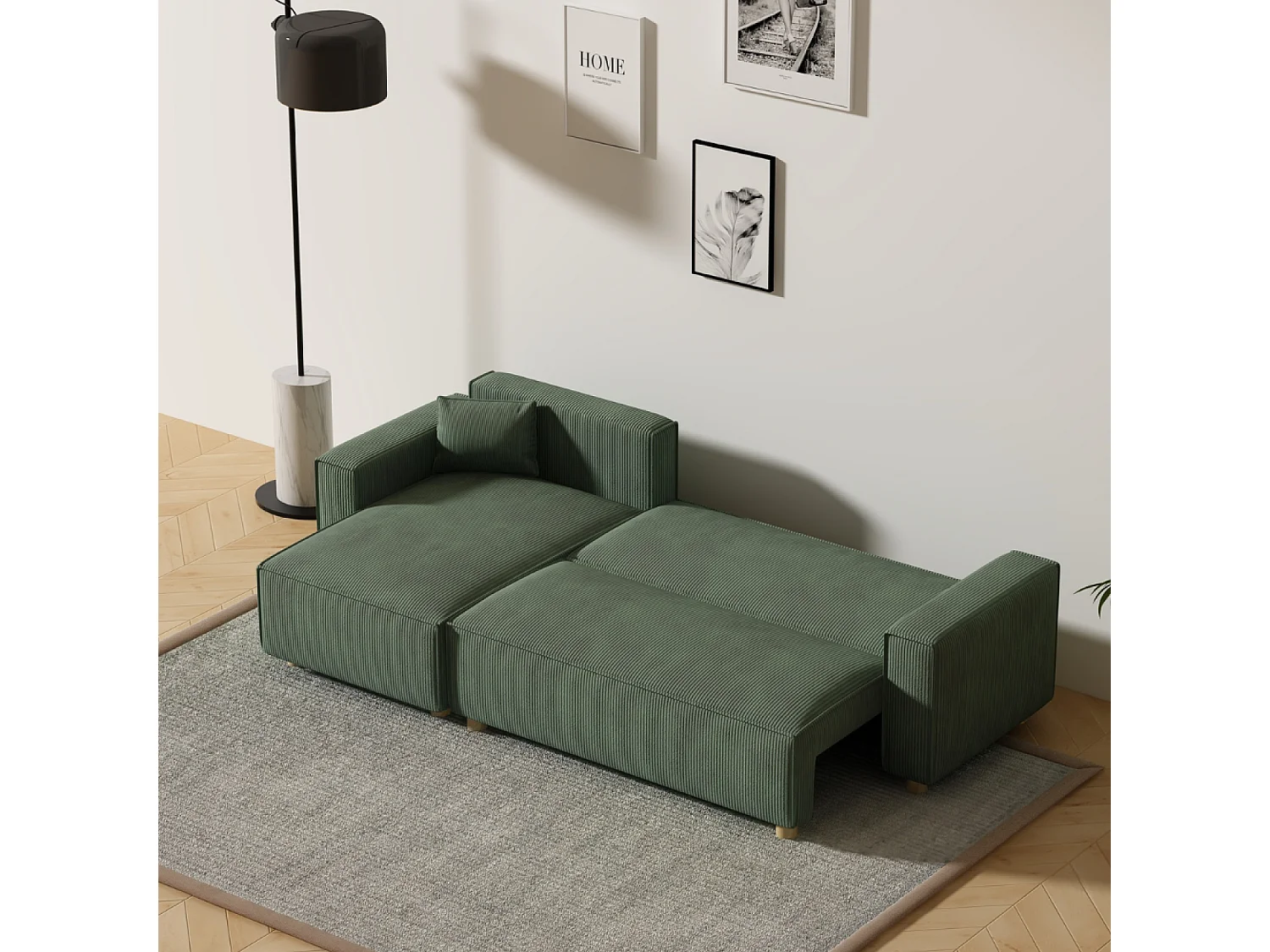 Sofá-Cama de Canto em Veludo Cotelê Verde COSY - Estilo Elegante e Confortável