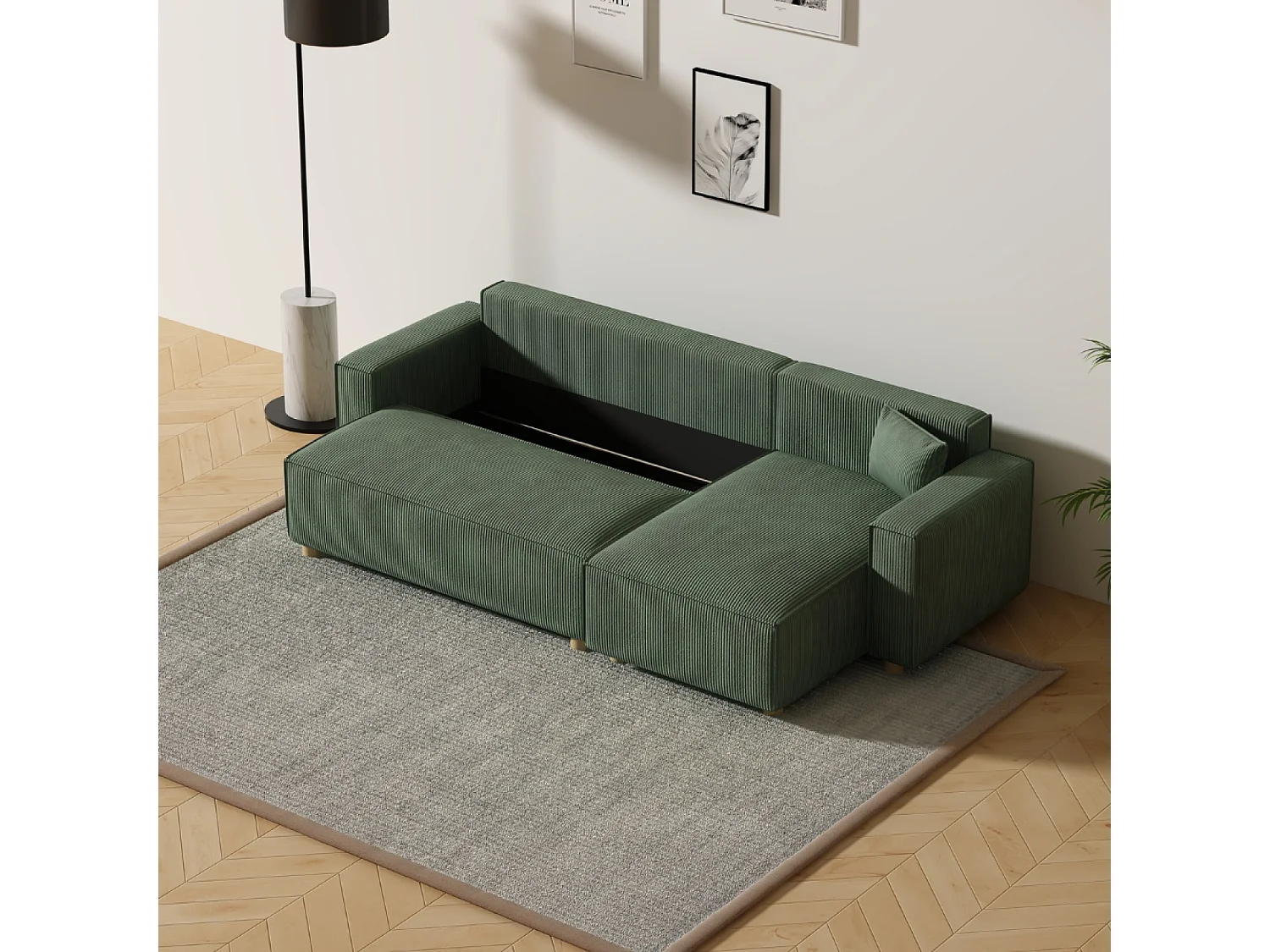 Sofá-Cama de Canto em Veludo Cotelê Verde COSY - Estilo Elegante e Confortável