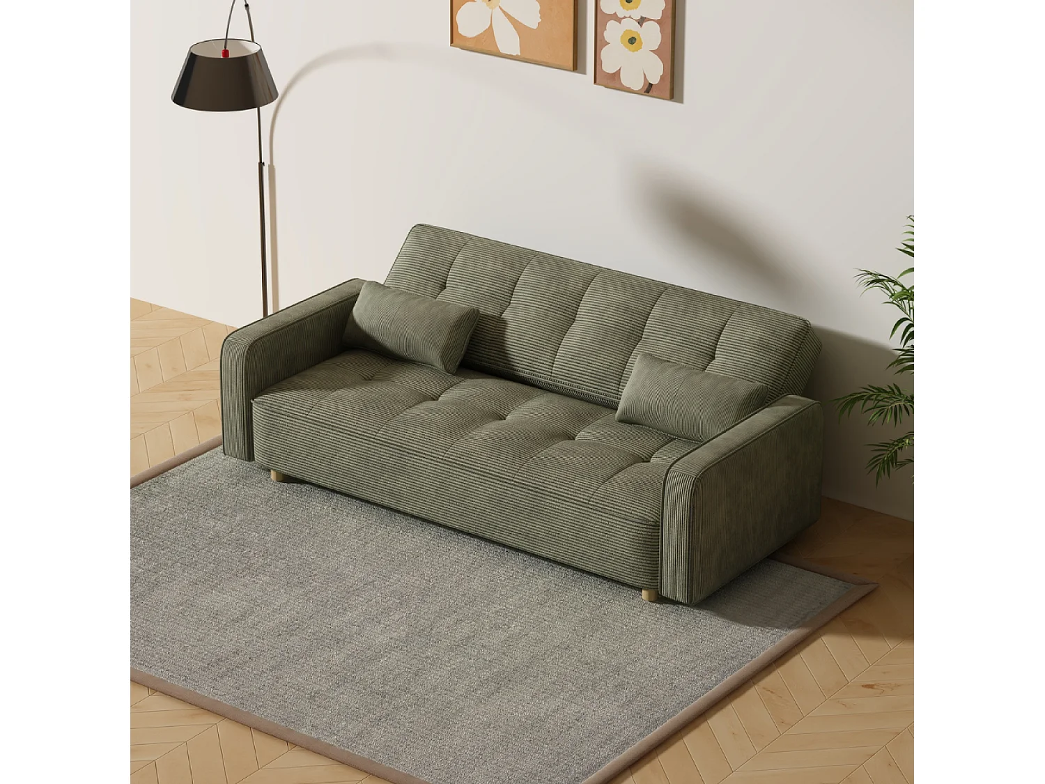 Canapé scandinave convertible 3 places en velours côtelé vert COPENHAGUE