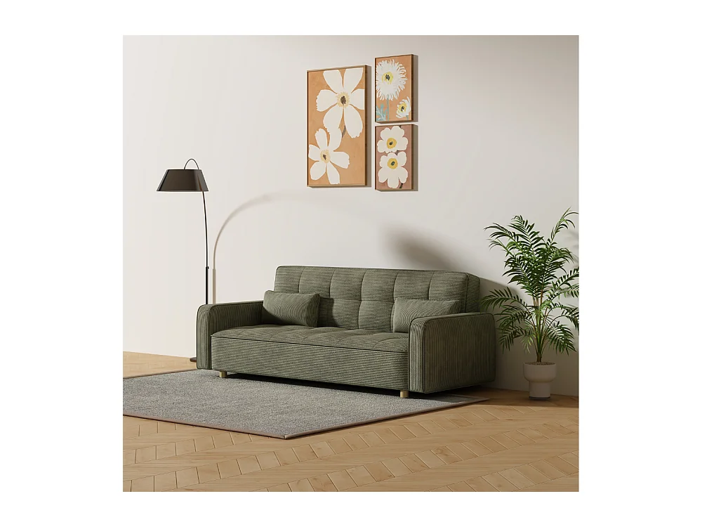 Canapé scandinave convertible 3 places en velours côtelé vert COPENHAGUE