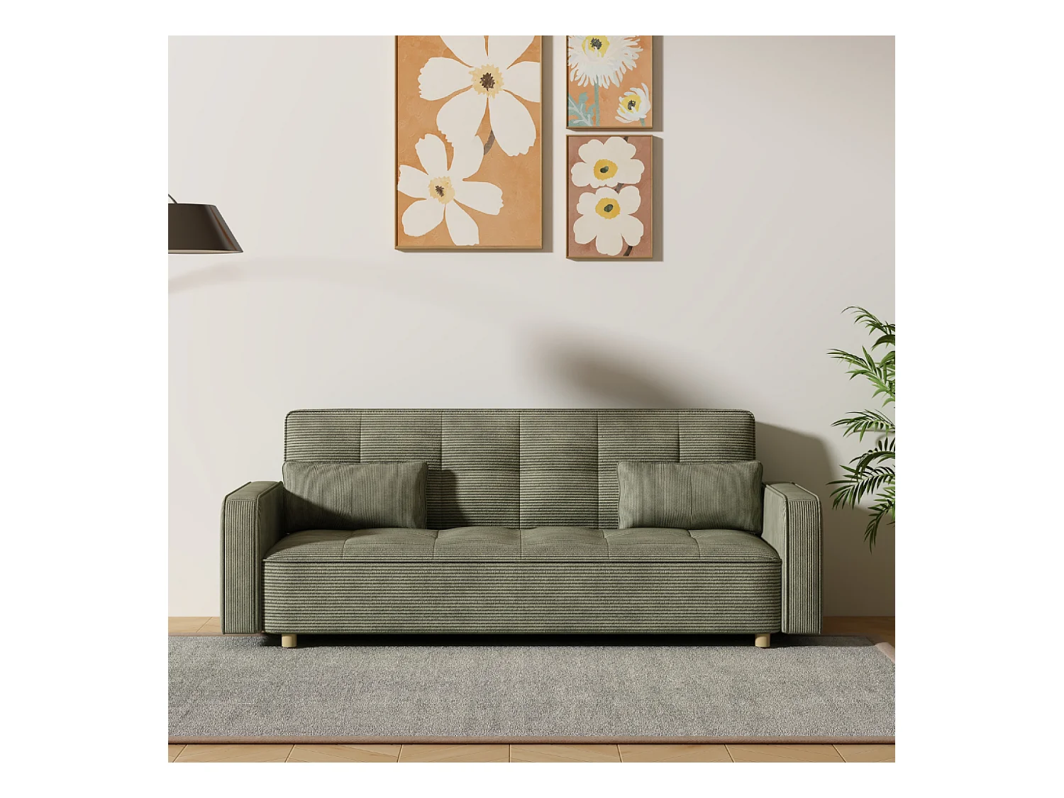 Canapé scandinave convertible 3 places en velours côtelé vert COPENHAGUE