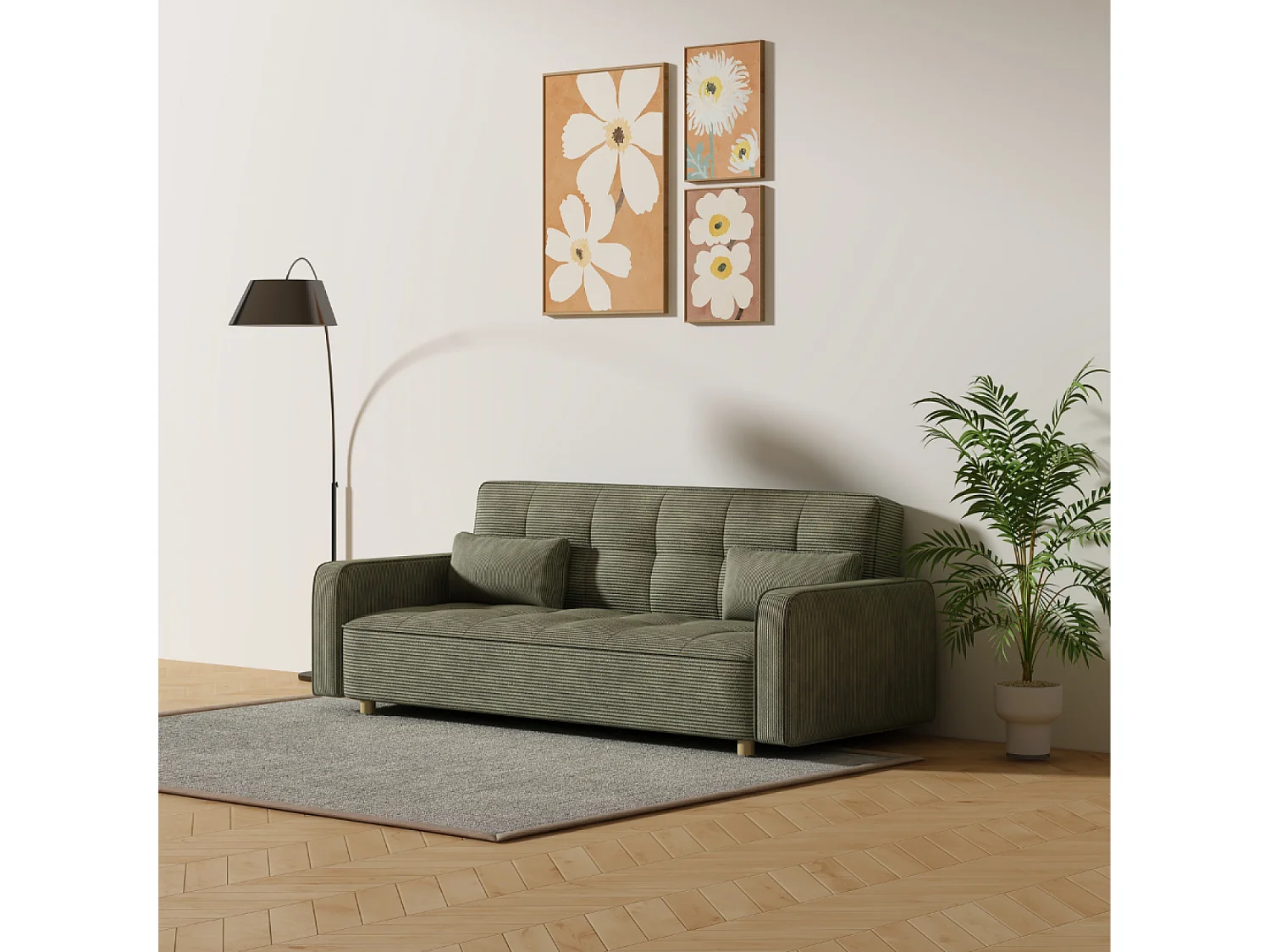 Canapé scandinave convertible 3 places en velours côtelé vert COPENHAGUE