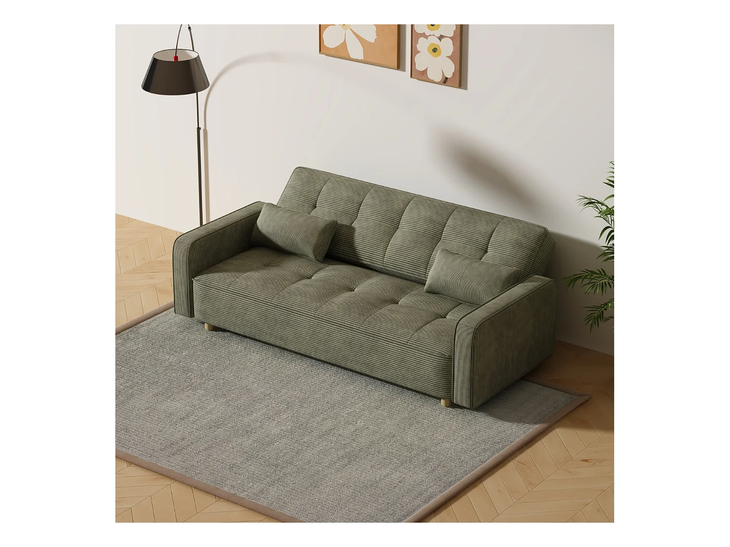 Canapé scandinave convertible 3 places en velours côtelé vert COPENHAGUE