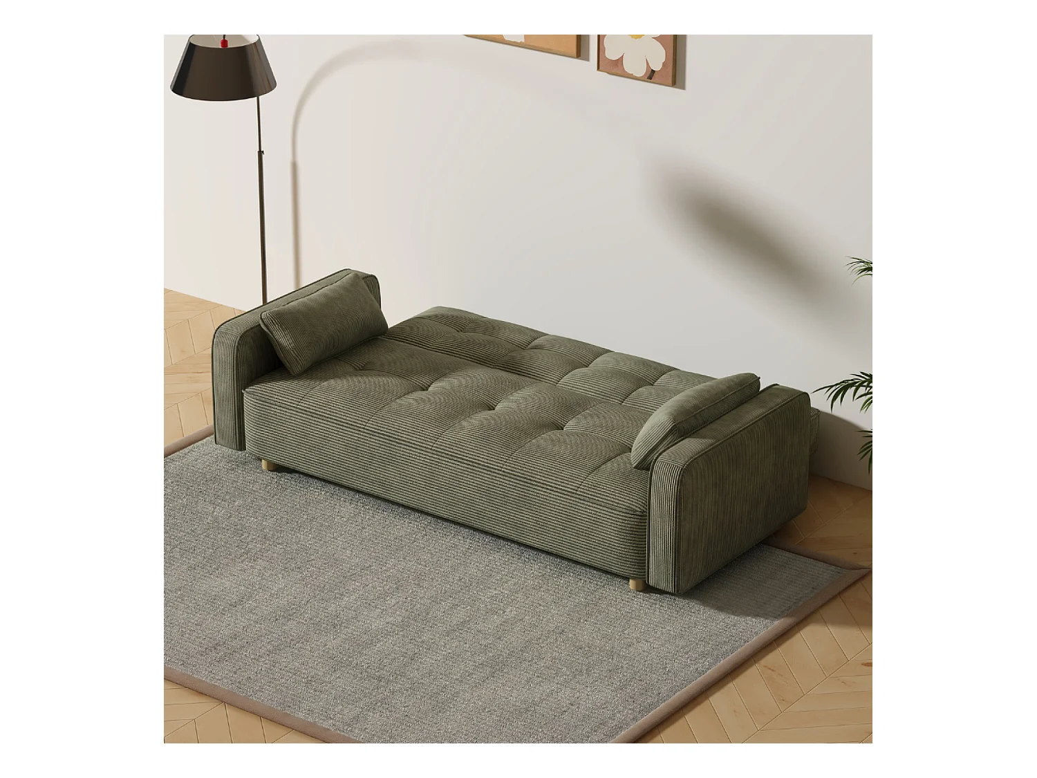 Canapé scandinave convertible 3 places en velours côtelé vert COPENHAGUE