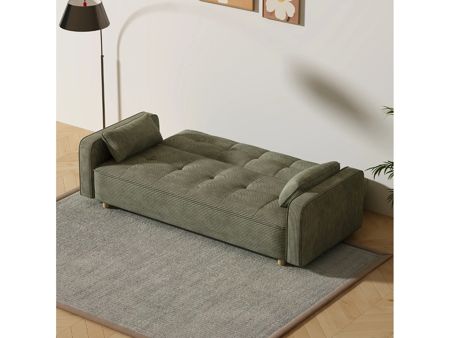 Canapé scandinave convertible 3 places en velours côtelé vert COPENHAGUE