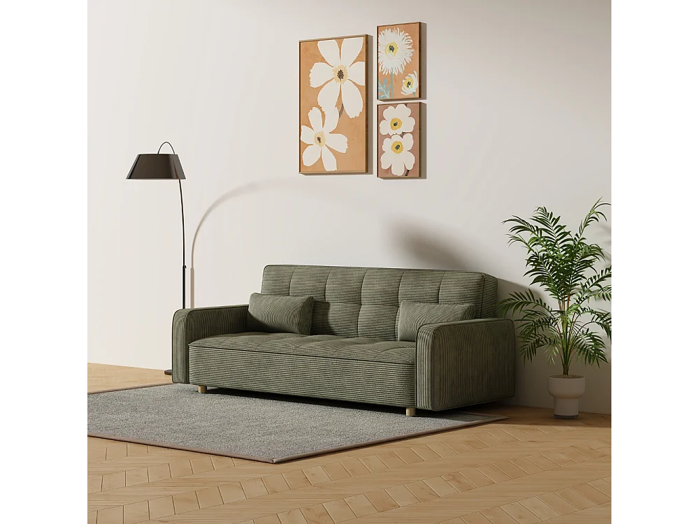 Canapé scandinave convertible 3 places en velours côtelé vert COPENHAGUE