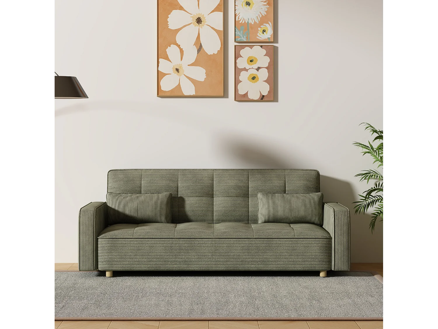 Canapé scandinave convertible 3 places en velours côtelé vert COPENHAGUE