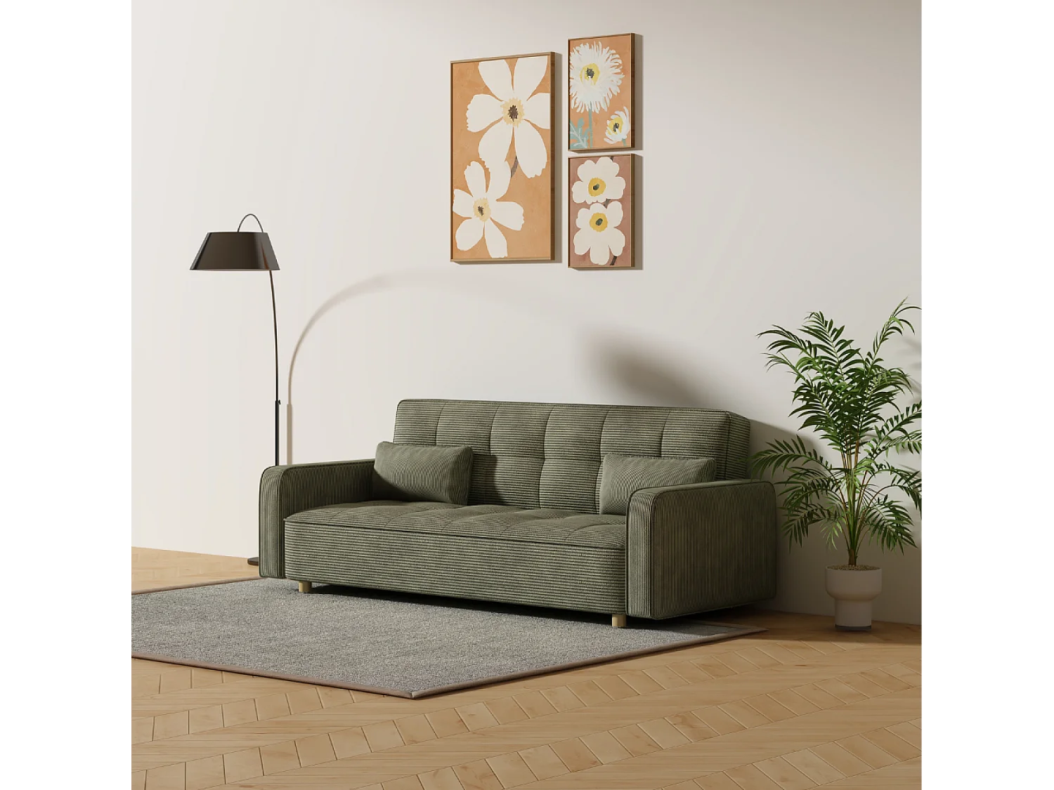 Canapé scandinave convertible 3 places en velours côtelé vert COPENHAGUE