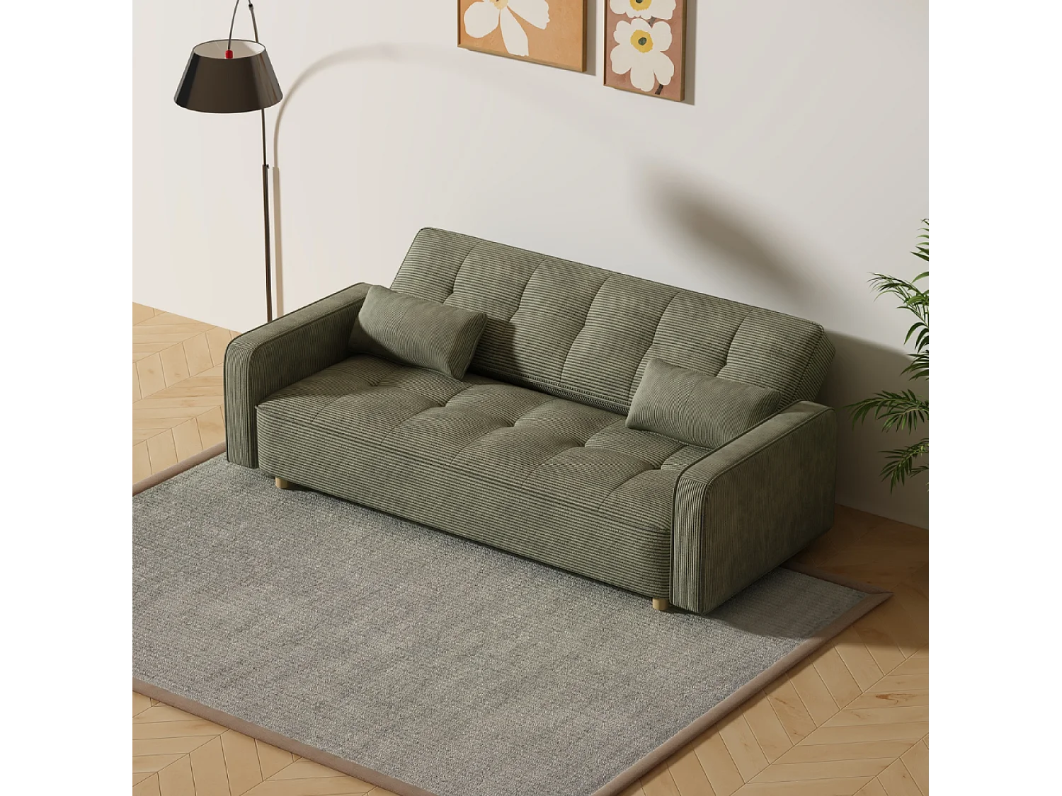 Canapé scandinave convertible 3 places en velours côtelé vert COPENHAGUE